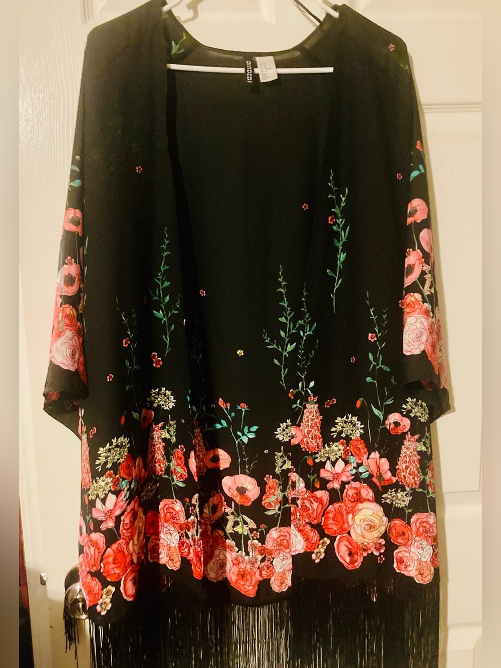 Divided Womens Floral Kimono Wrap Black Pink Cherry Blossom Fringe Size Medium